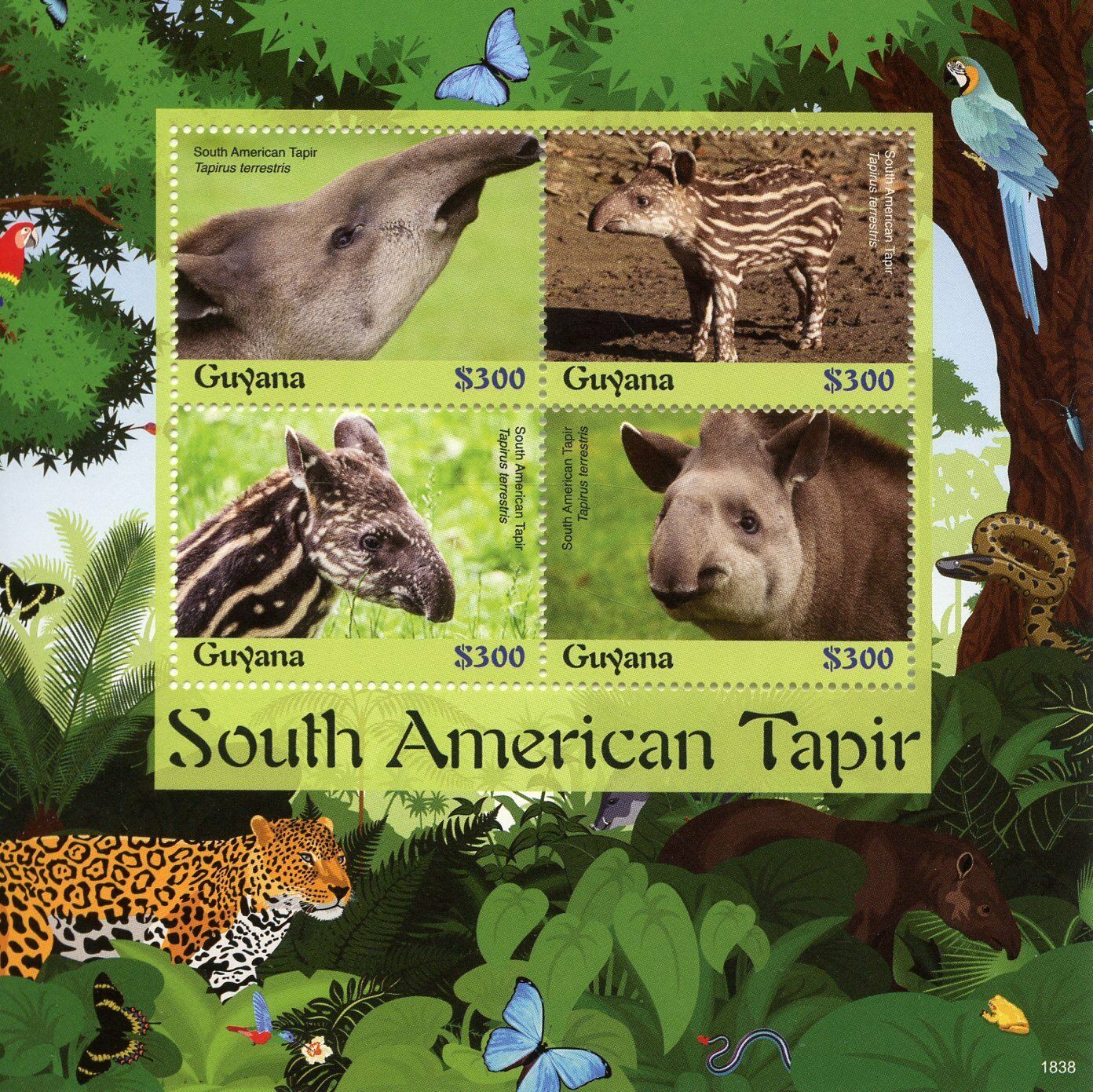 Guyana 2018 MNH Wild Animals Stamps South American Tapir Tapirs Mammals 4v M/S