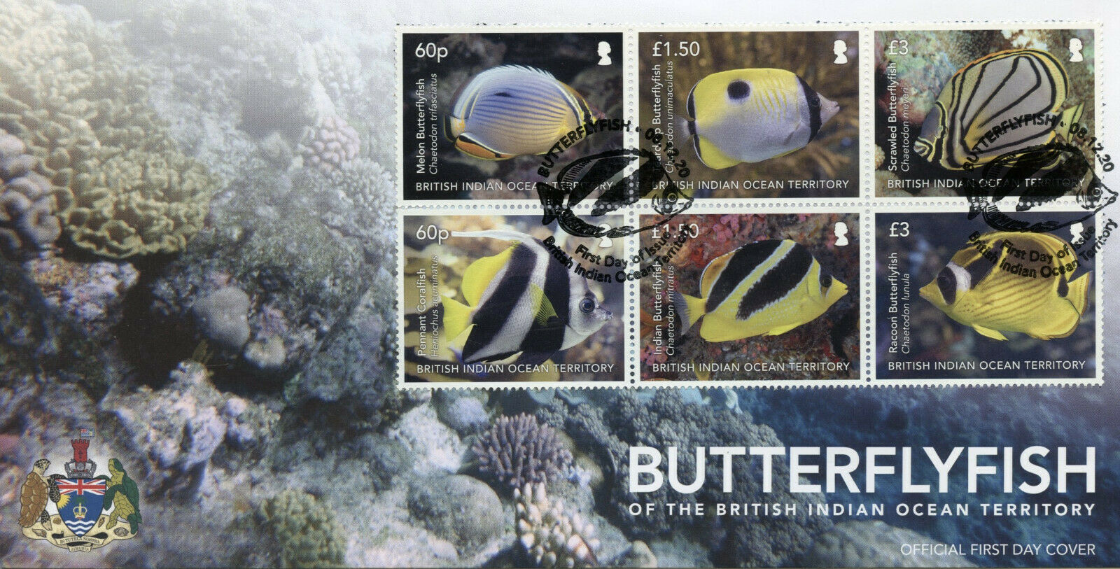 BIOT Fish Stamps 2020 FDC Indian Butterflyfish Pennant Coralfish Fishes 6v Block