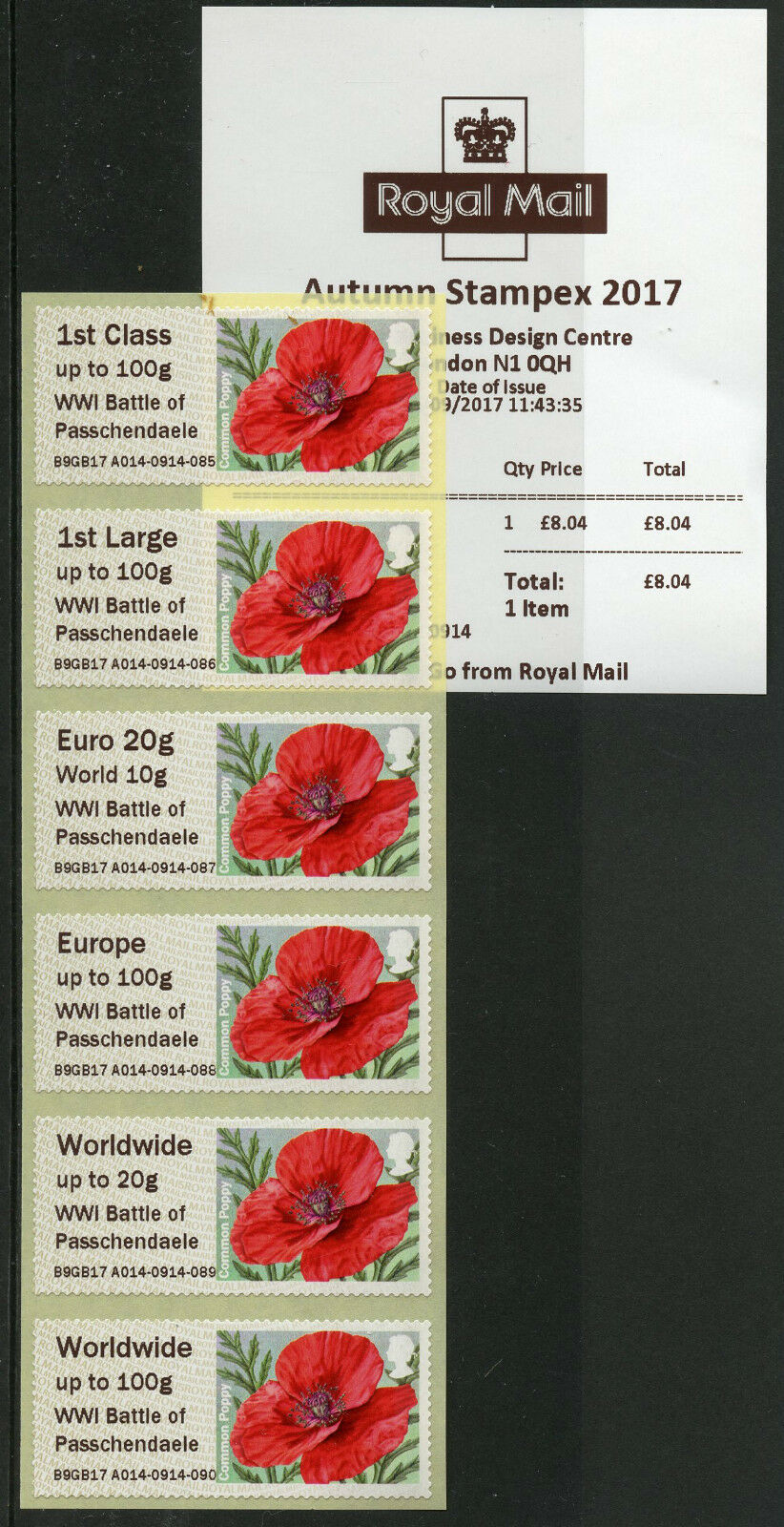 GB 2017 MNH WWI WW1 Passchendaele Post & Go Autumn Stampex 6v Col Strip Stamps