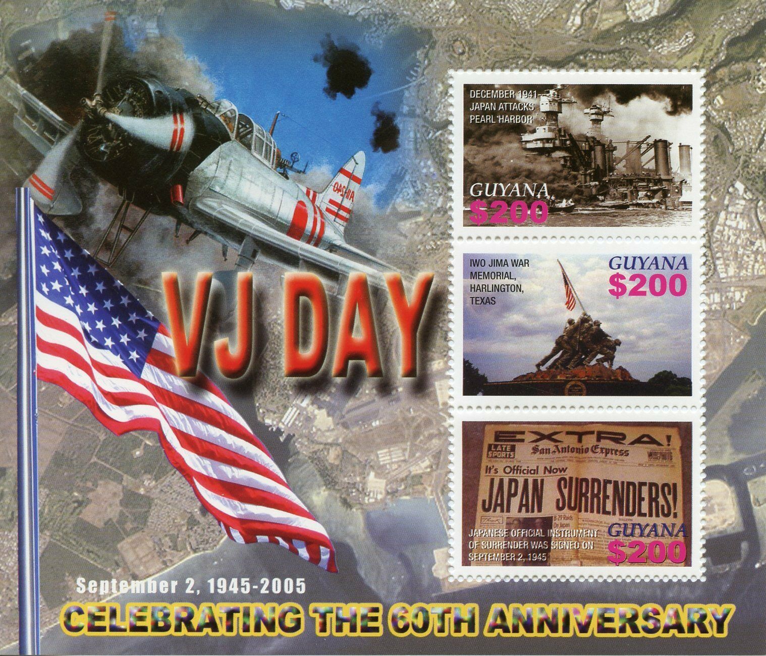 Guyana Military Stamps 2005 MNH WWII WW2 VJ Day Pearl Harbor Iwo Jima 3v M/S
