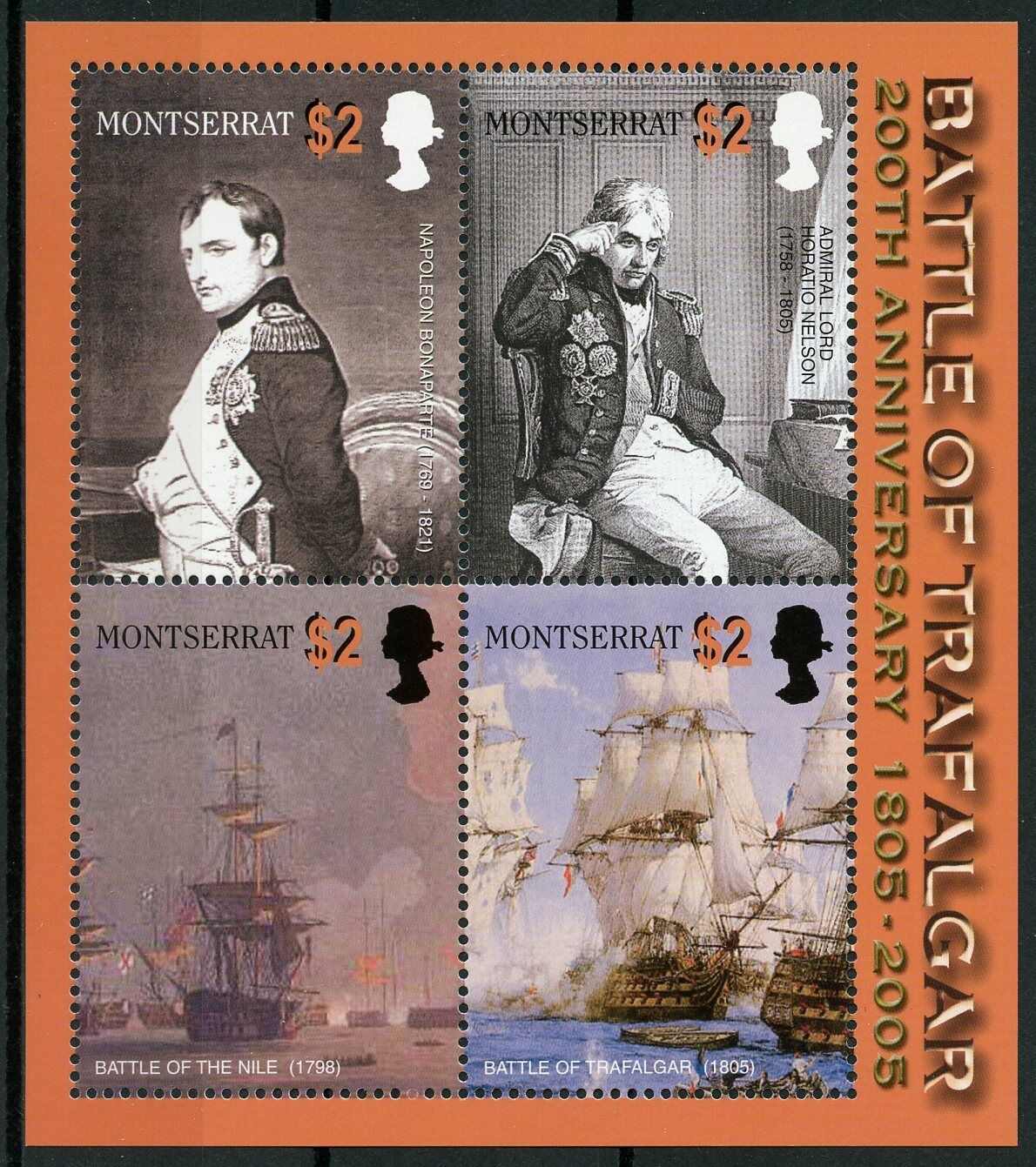 Montserrat 2005 MNH Ships Stamps Battle of Trafalgar 200 Nelson Napoleon 4v M/S