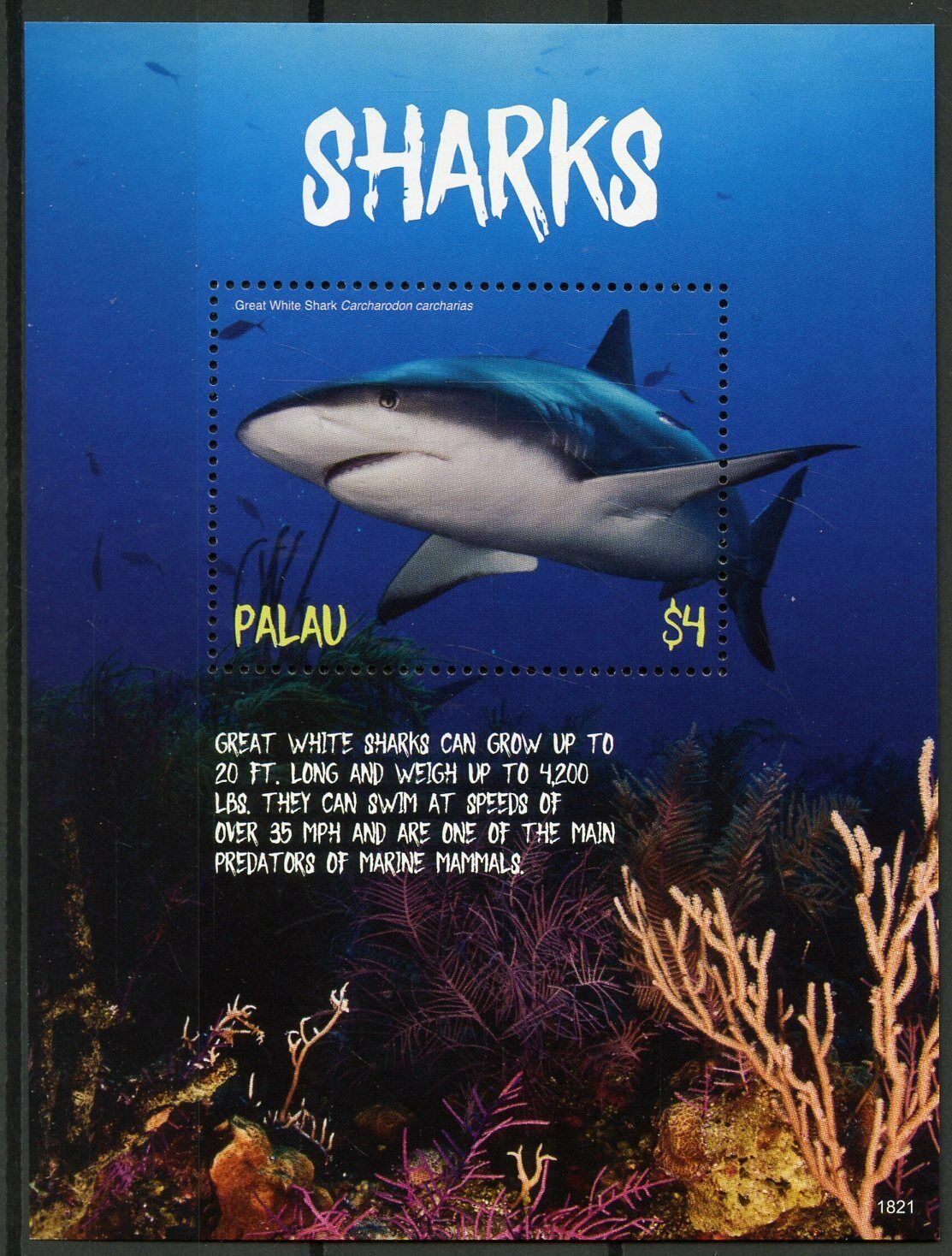 Palau 2018 MNH Marine Animals Stamps Sharks Great White Shark 1v S/S