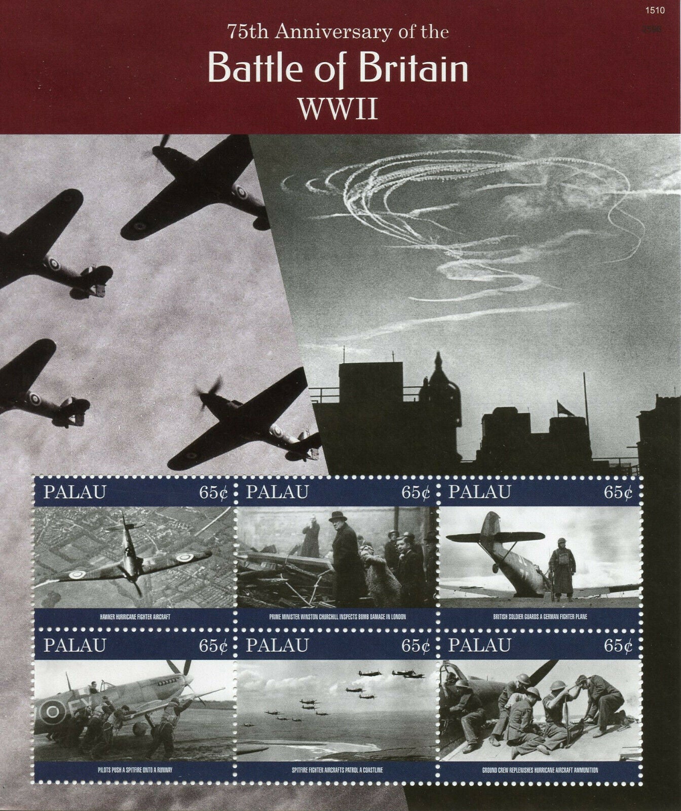 Palau Stamps 2015 MNH WWII WW2 Battle of Britain 75th Churchill Spitfire 6v M/S