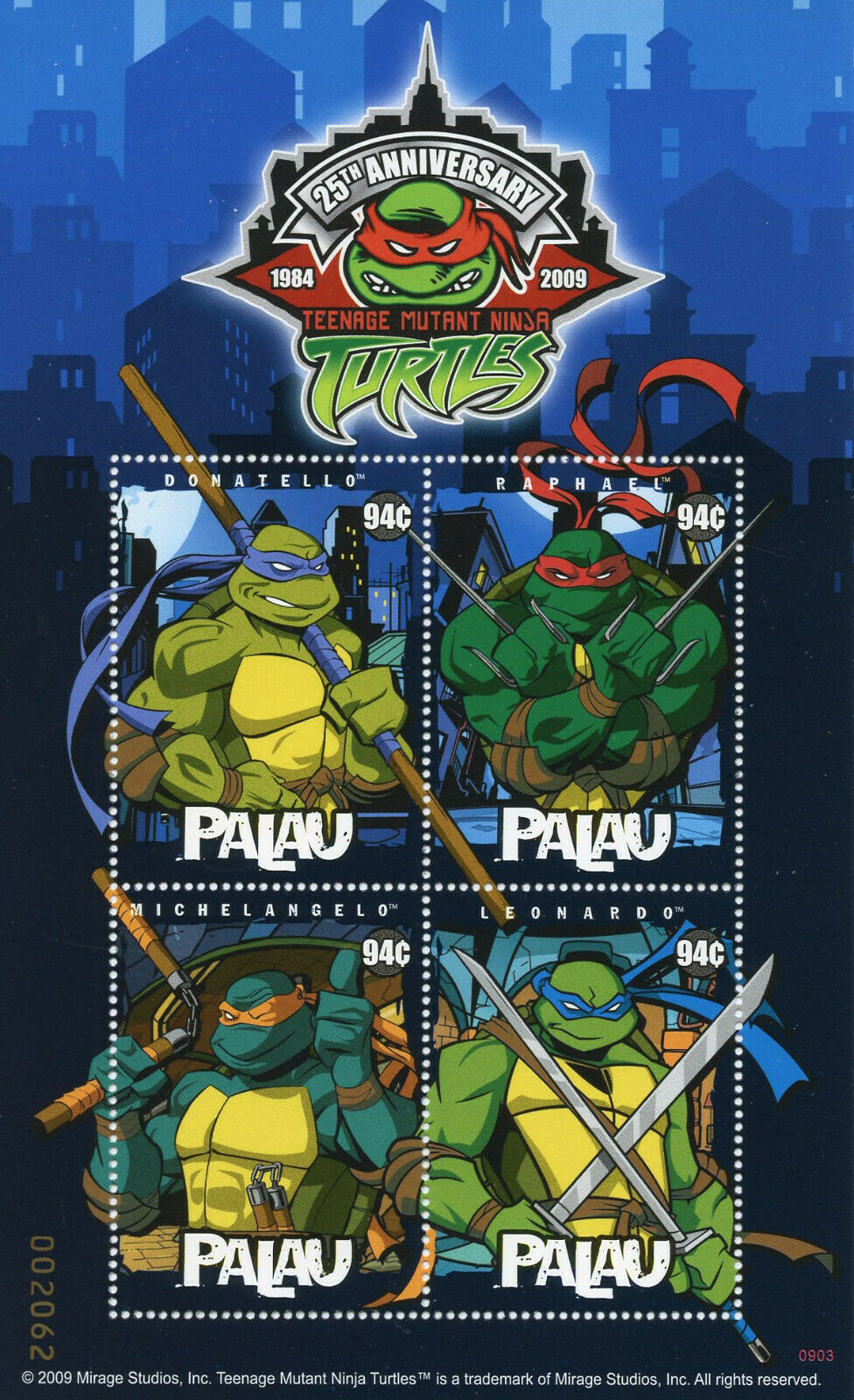 Palau 2009 MNH Teenage Mutant Ninja Turtles 25th Ann 4v M/S TNMT Cartoons Stamps