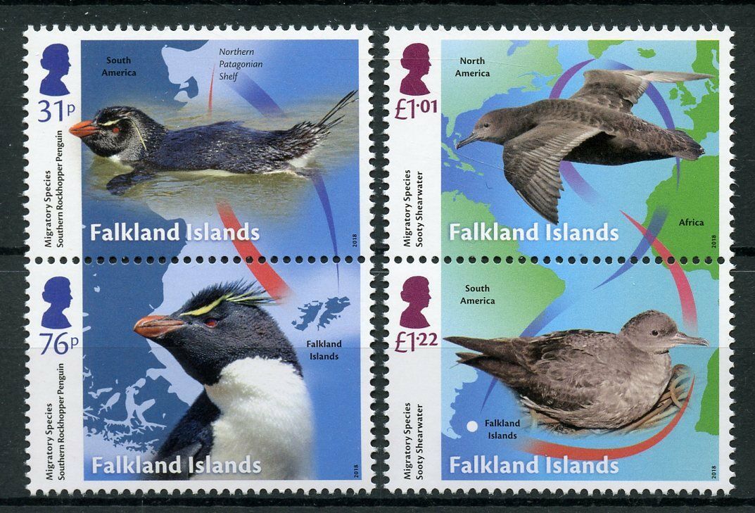 Falkland Islands 2018 MNH Birds on Stamps Migratory Species Penguins 4v Set