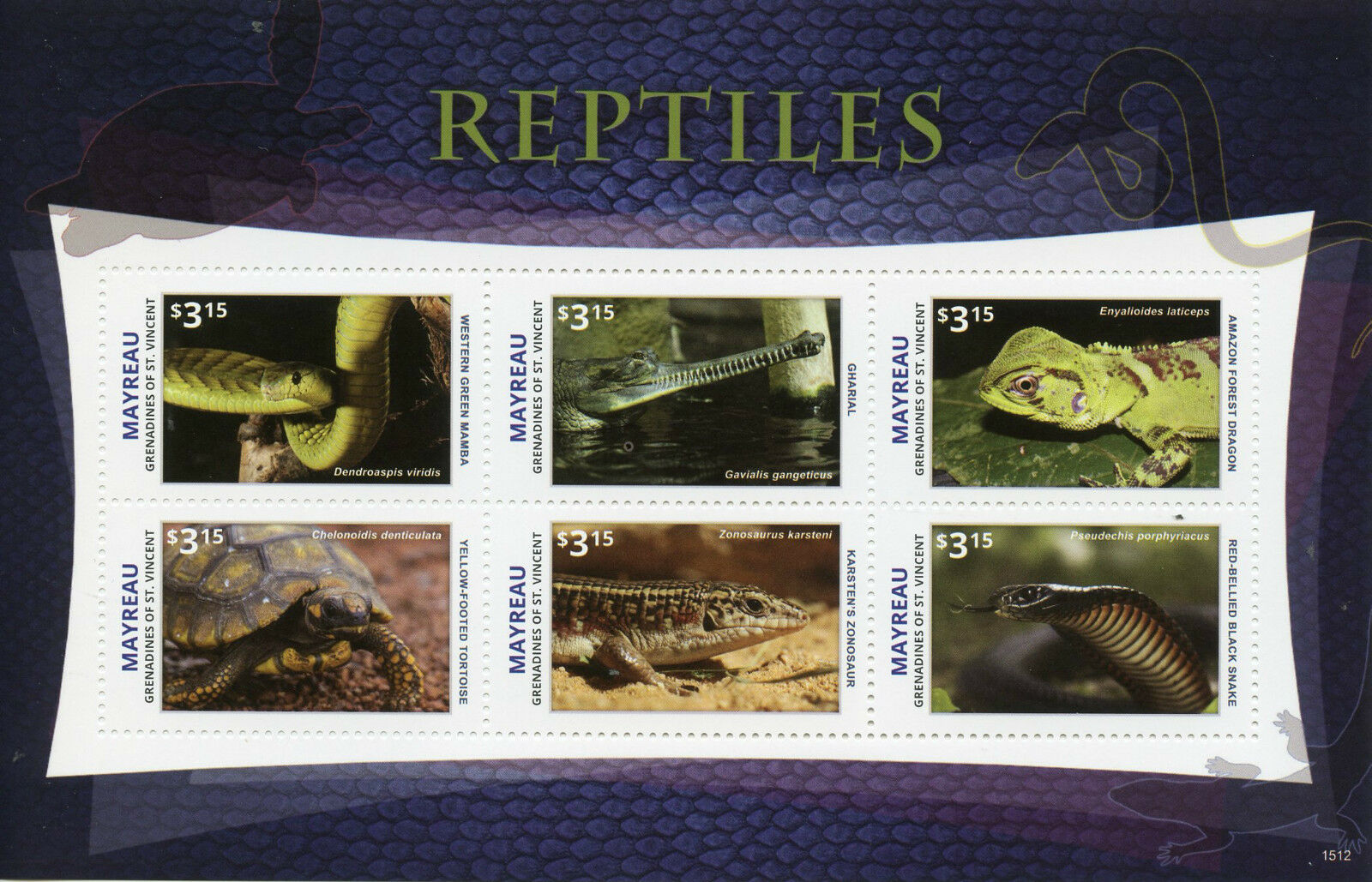 Mayreau Grenadines St Vincent 2015 MNH Reptiles 6v M/S II Snakes Turtles Lizards