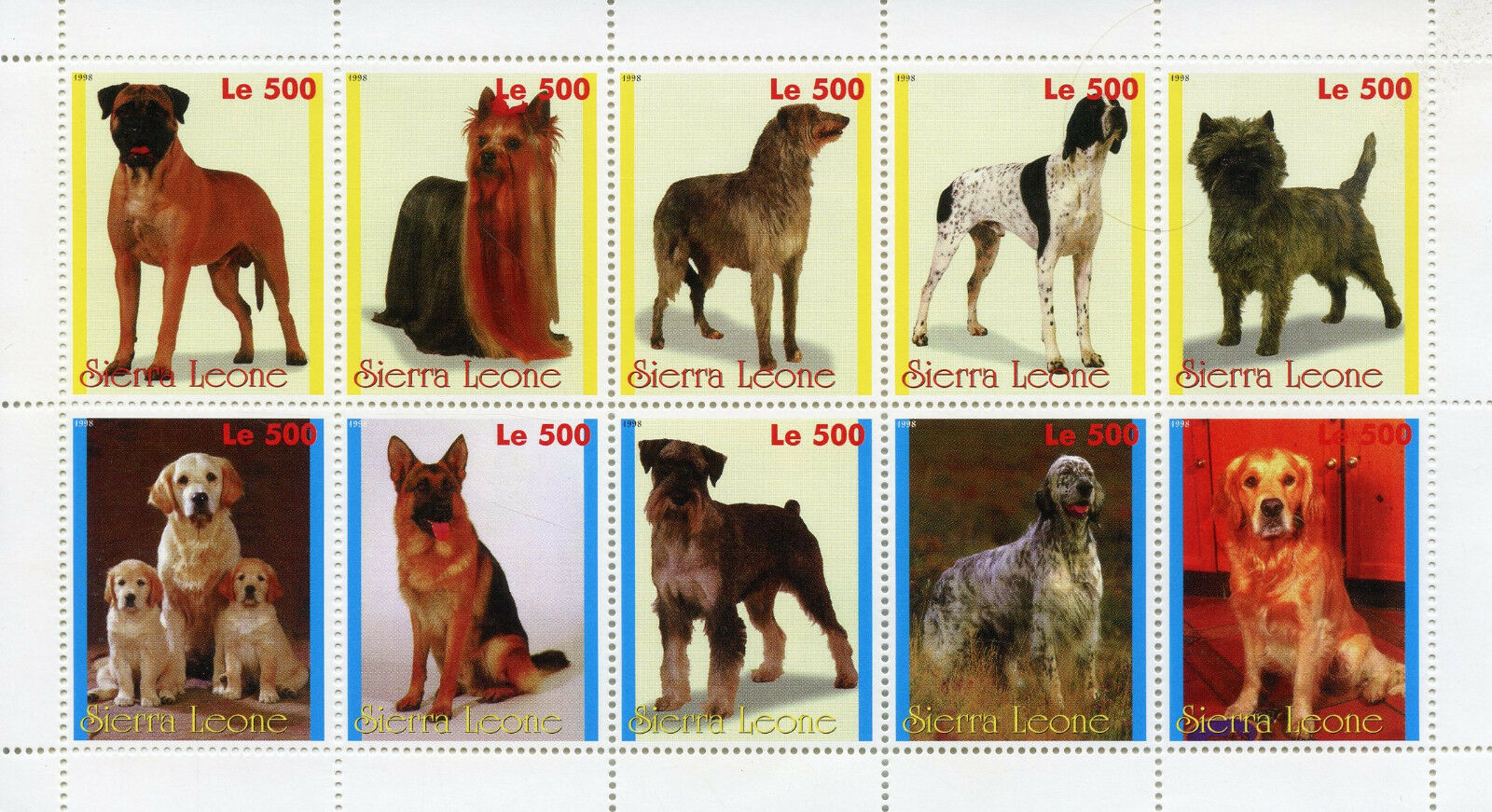 Sierra Leone Dogs Stamps 1998 MNH German Shepherd Golden Retriever Dog 10v M/S