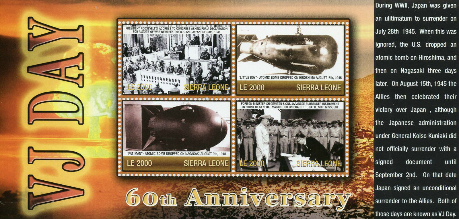 Sierra Leone Stamps 2005 MNH WWII WW2 VJ Day World War II Roosevelt 4v M/S