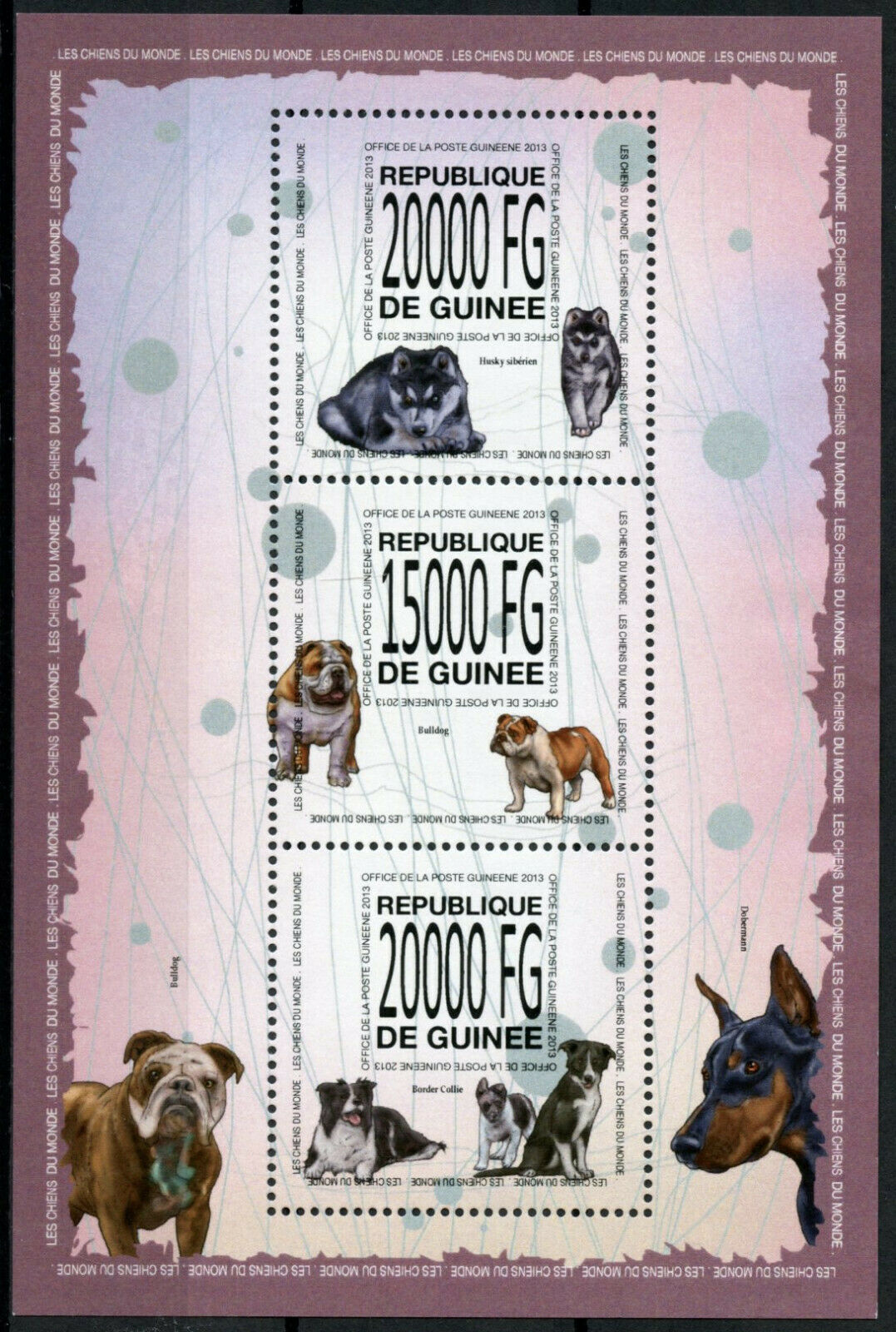 Guinea Dogs Stamps 2013 MNH Siberian Husky Bulldog Border Collie Dog 3v M/S