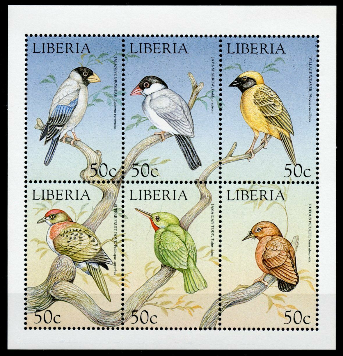 Liberia 1999 MNH Birds on Stamps World of Birds Sparrows Grosbeaks Weavers 6v M/S
