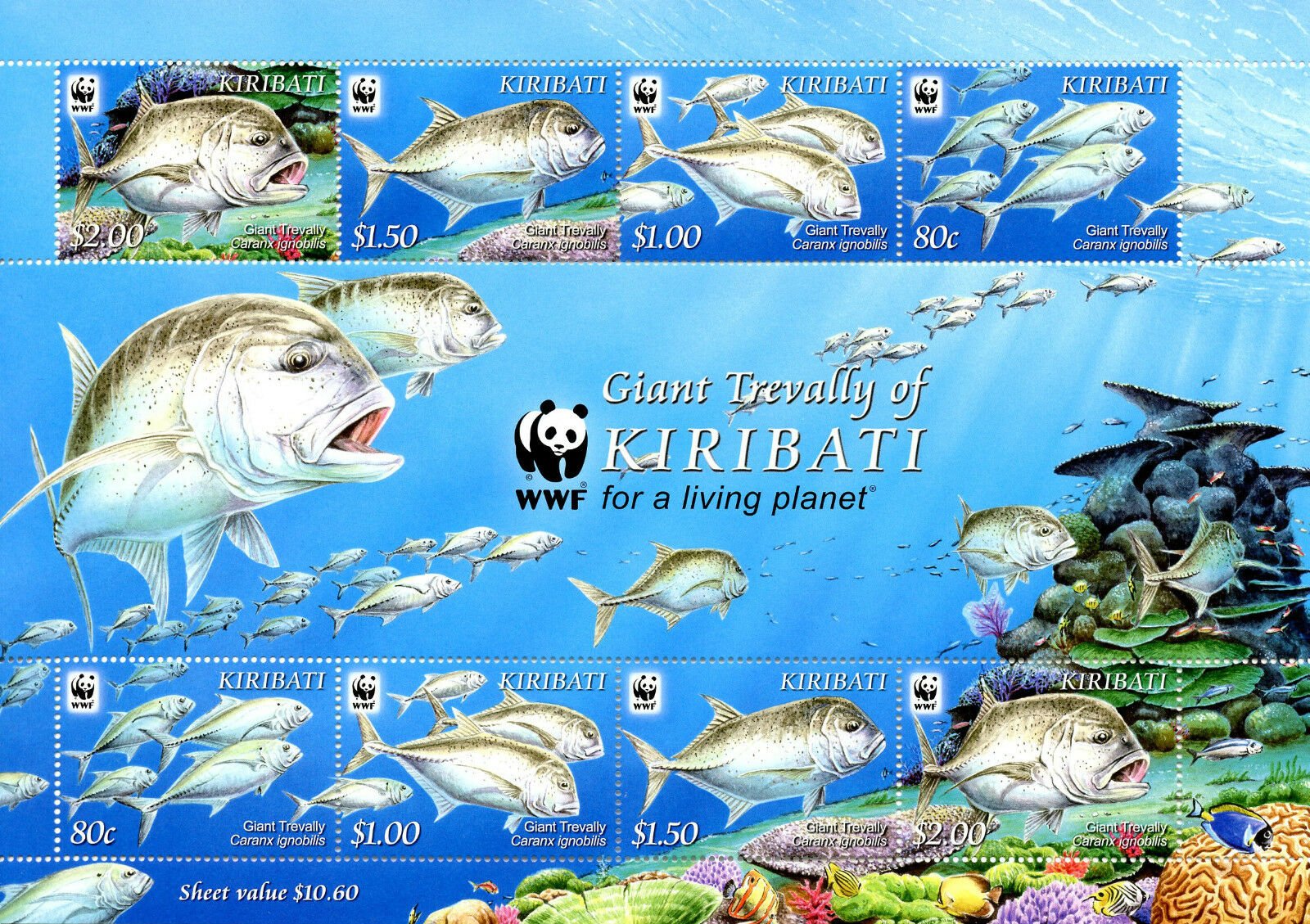 Kiribati 2012 MNH Fish Stamps Giant Trevally WWF Fishes 8v M/S