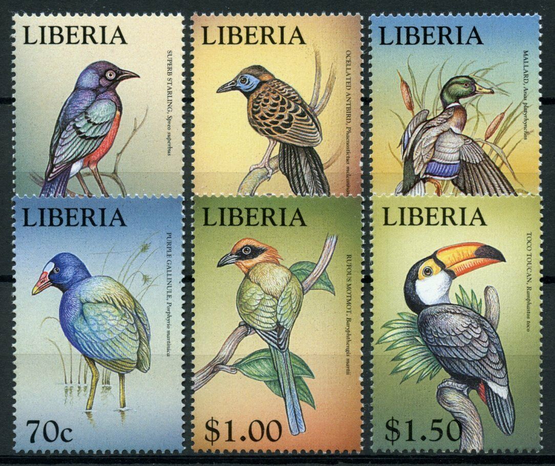 Liberia 1999 MNH World of Birds on Stamps Toucans Motmot Gallinule Ducks 6v Set