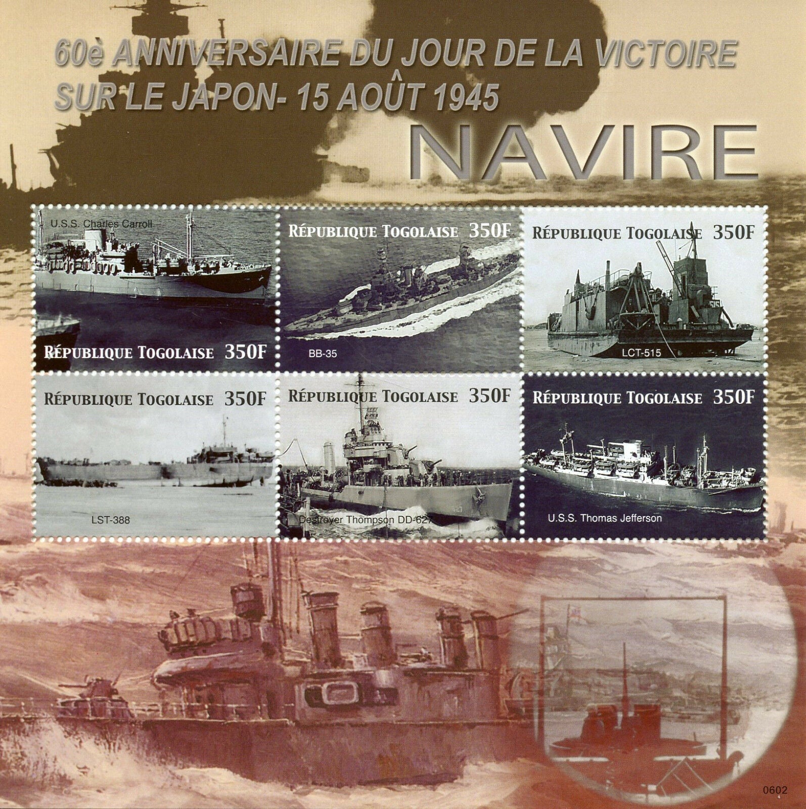 Togo Ships Stamps 2006 MNH WWII WW2 VJ Day World War II USS Jefferson 6v M/S