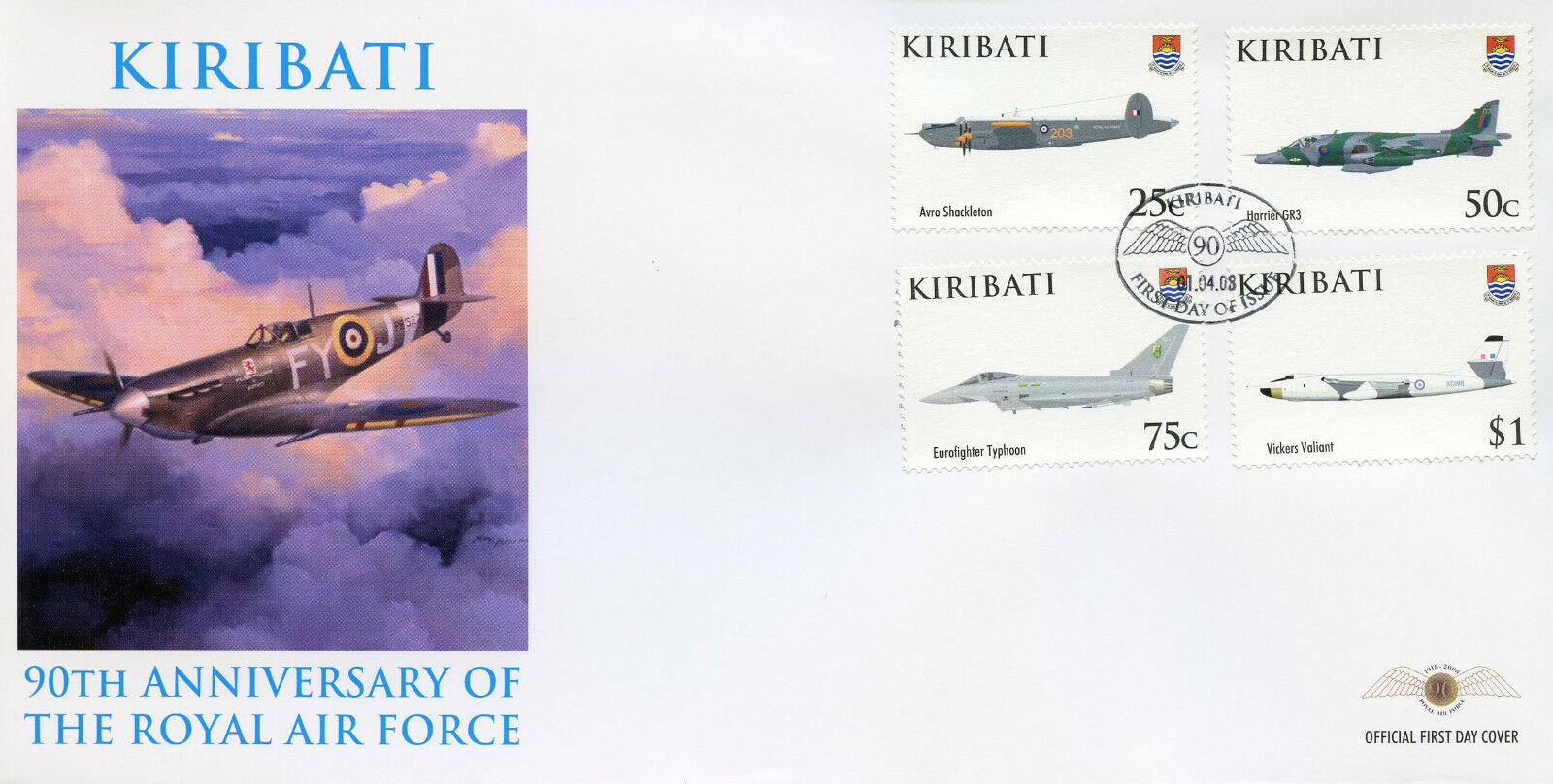 Kiribati 2008 FDC - RAF Royal Air Force 90th Anniv - Avro Aviation - 4v Set