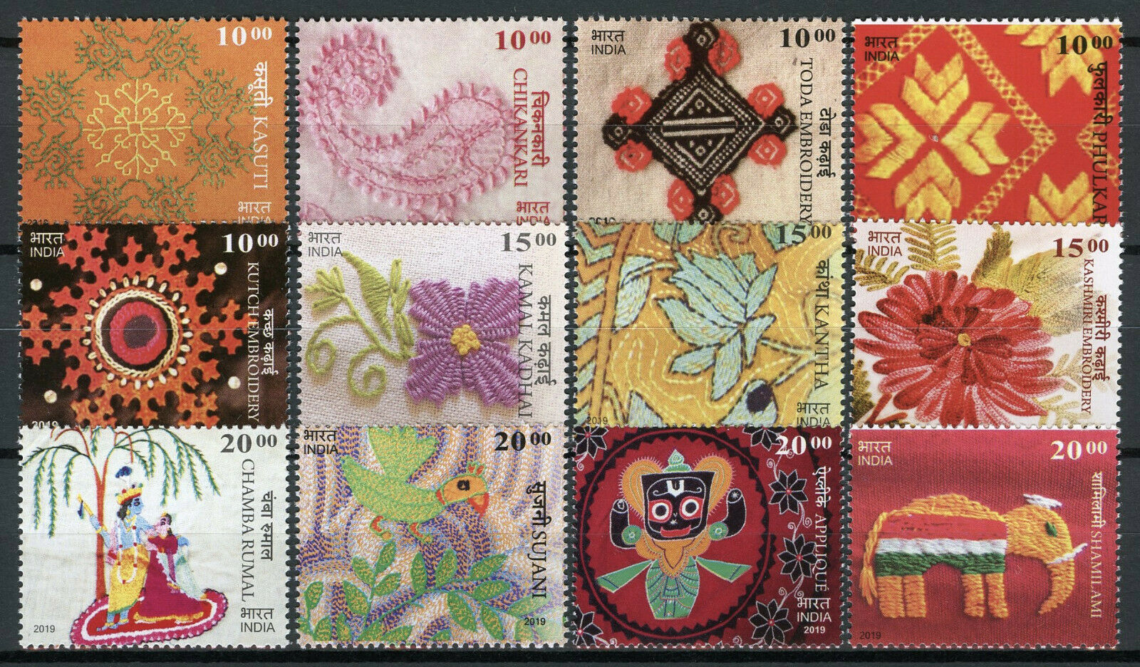 India Arts & Crafts Stamps 2019 MNH Embroidery Cultures & Traditions 12v Set