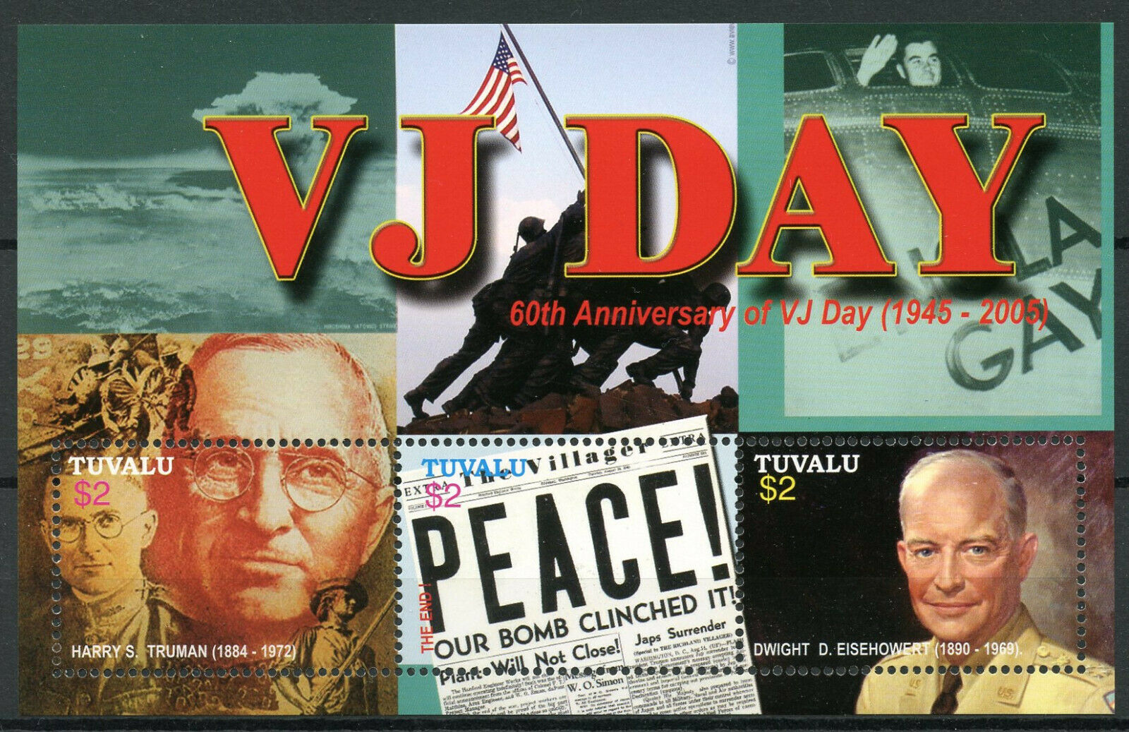 Tuvalu 2005 MNH WWII WW2 VJ Day 60th Anniv Eisenhower Truman 3v M/S Stamps