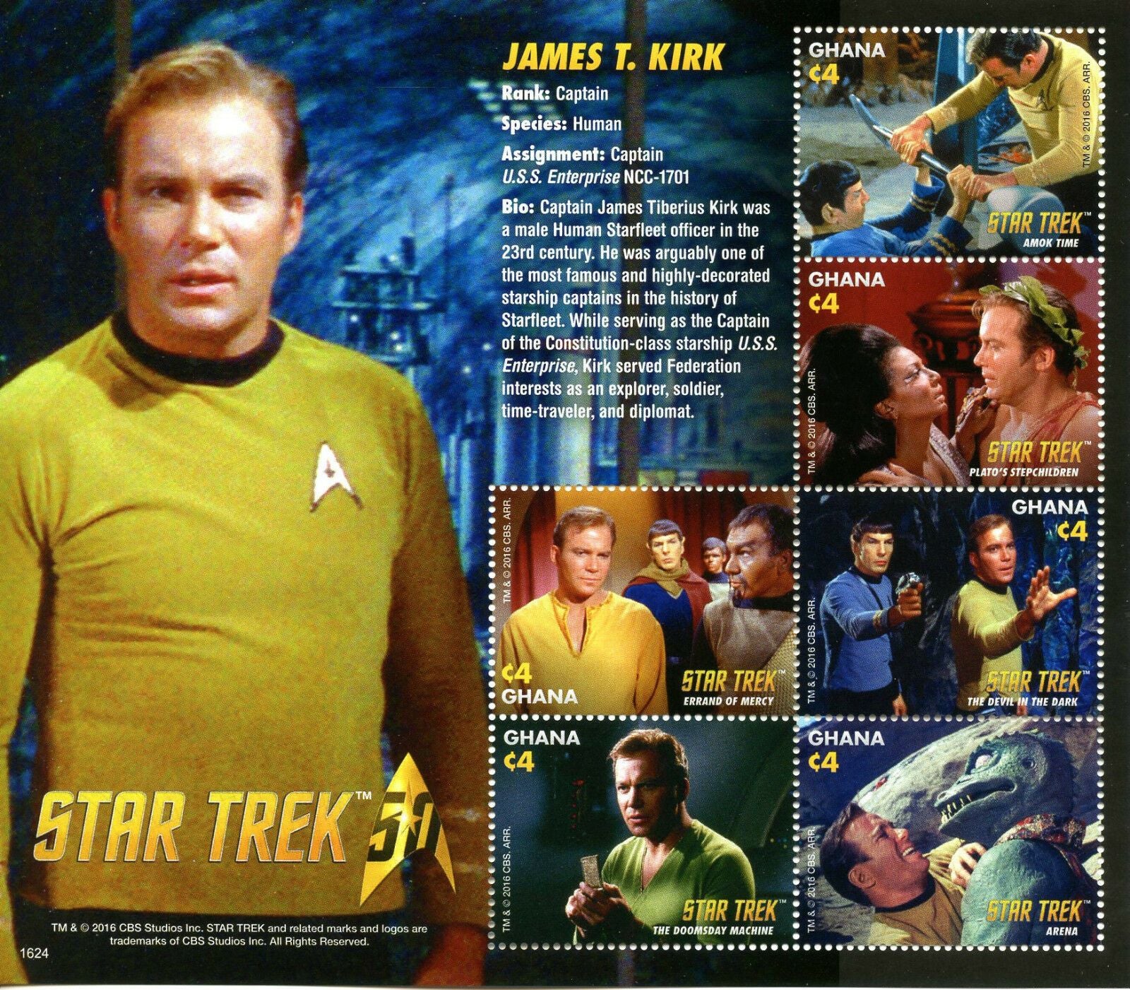 Ghana 2016 MNH Star Trek Stamps 50th Anniv Captain James Kirk 6v M/S