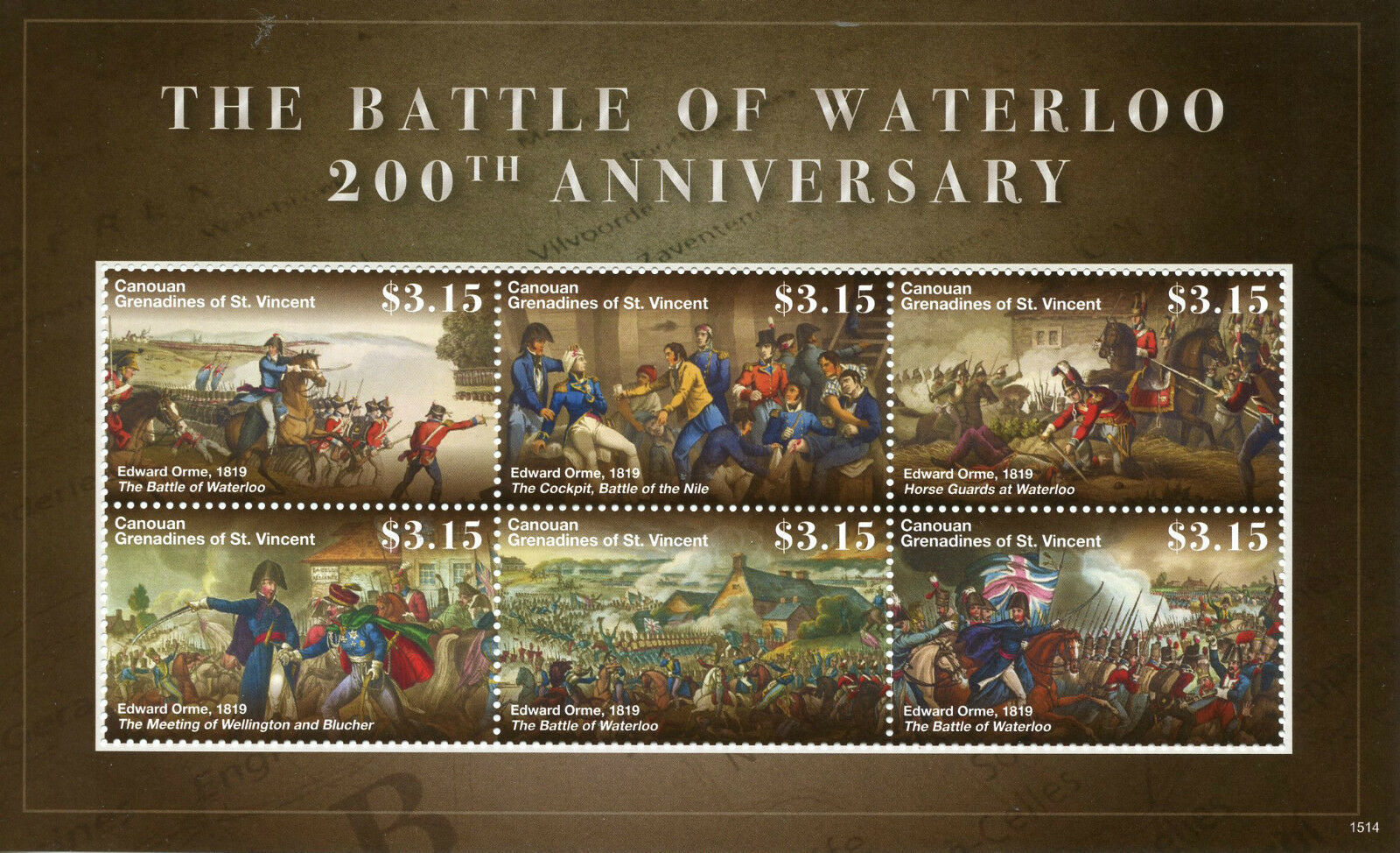 Canouan Gren St Vincent Stamps 2015 MNH Battle of Waterloo Edward Orme 6v M/S