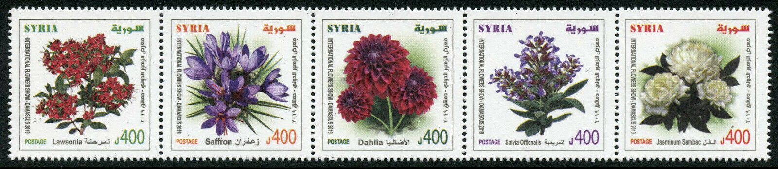 Syria 2019 MNH Flowers Lawsonia Dahlia Jasmine 5v Strip Flora Nature Stamps
