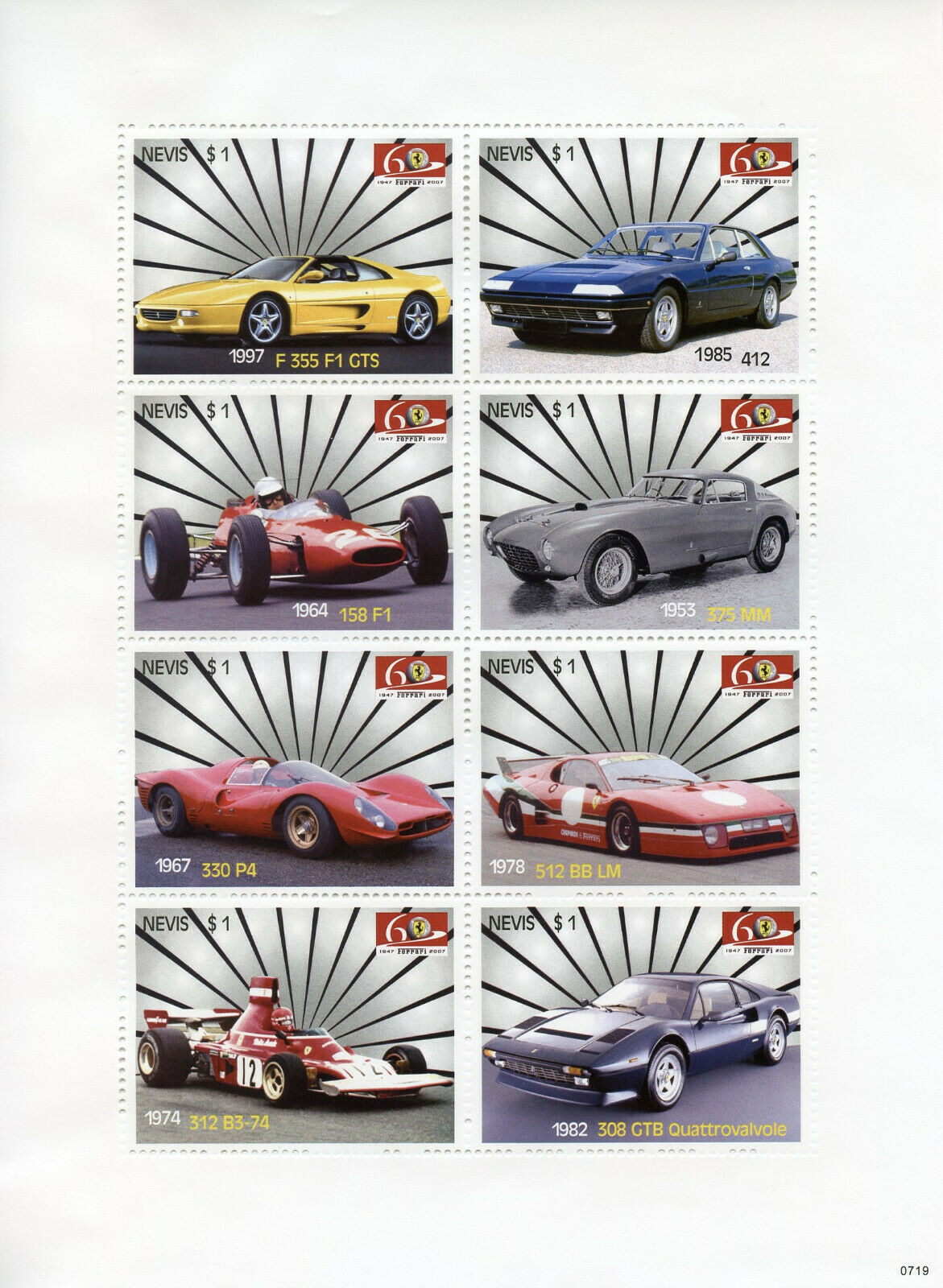 Nevis 2007 MNH Cars Stamps Ferrari 308 GTB Quattrovalvole Auto Racing 8v M/S