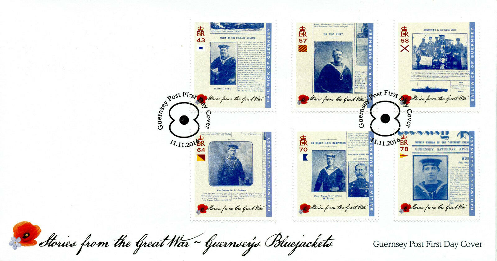 Guernsey 2016 FDC WWI Stories of Great War Pt 3 Bluejackets 6v Set Cover Stamps