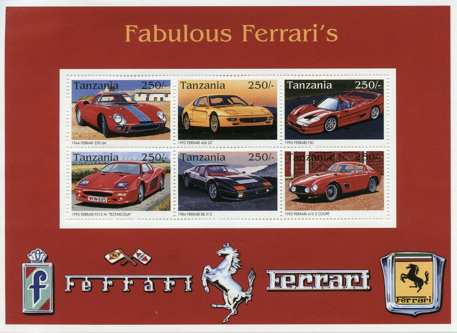 Tanzania Cars Stamps 1996 MNH Fabulous Ferraris Testarossa F50 Auto Racing 6v MS