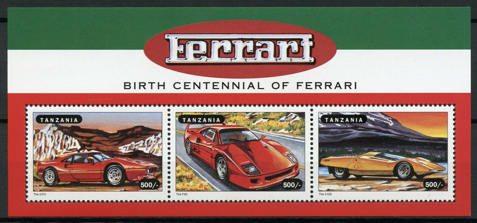 Tanzania Cars Stamps 1998 MNH Ferrari GTO F40 512S Auto Racing 3v M/S