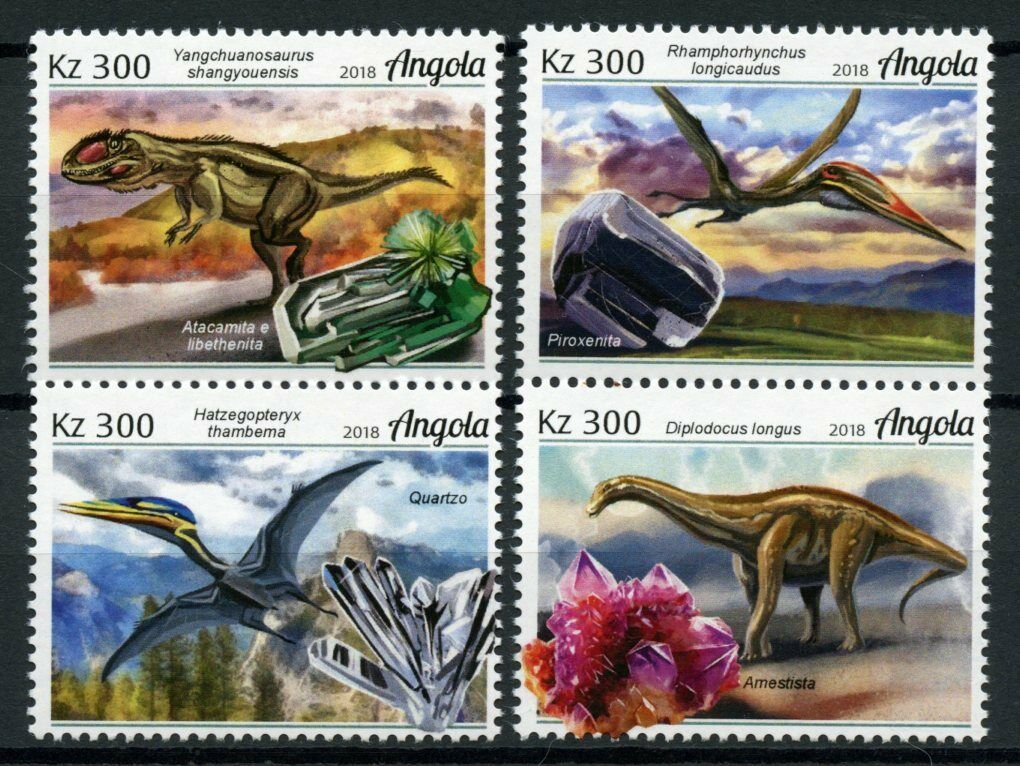 Angola Dinosaurs Stamps 2018 Minerals Diplodocus Amethyst Quartz 4v Set