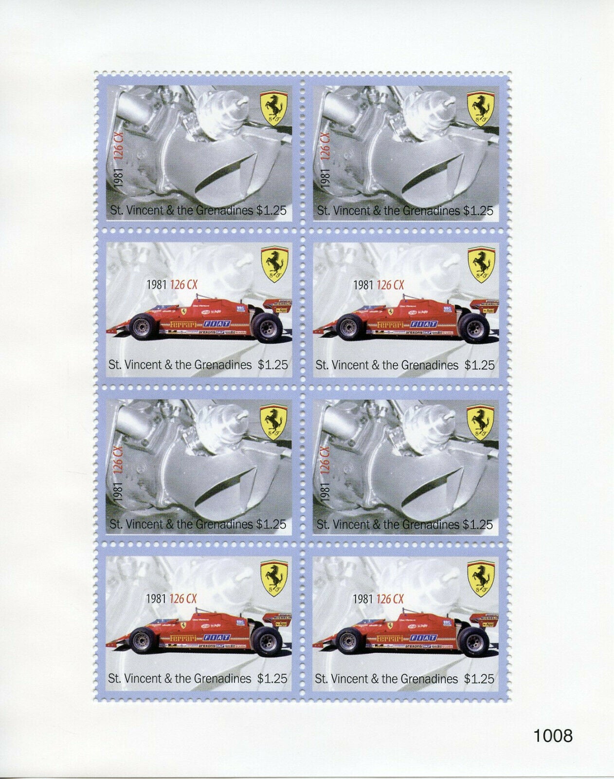 St Vincent & Grenadines Cars Stamps 2010 MNH Ferrari 1981 126 CX Racing 8v MS II