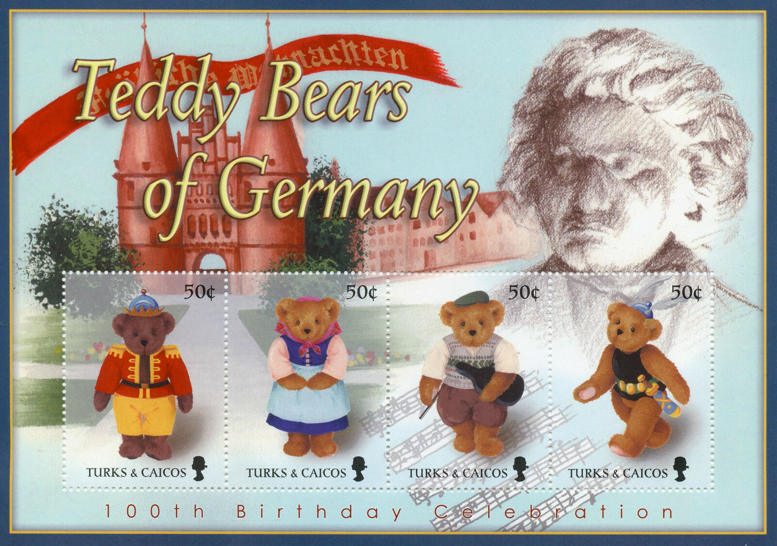 Turks & Caicos Teddy Bears Stamps 2003 MNH Germany Traditional Costumes 4v M/S
