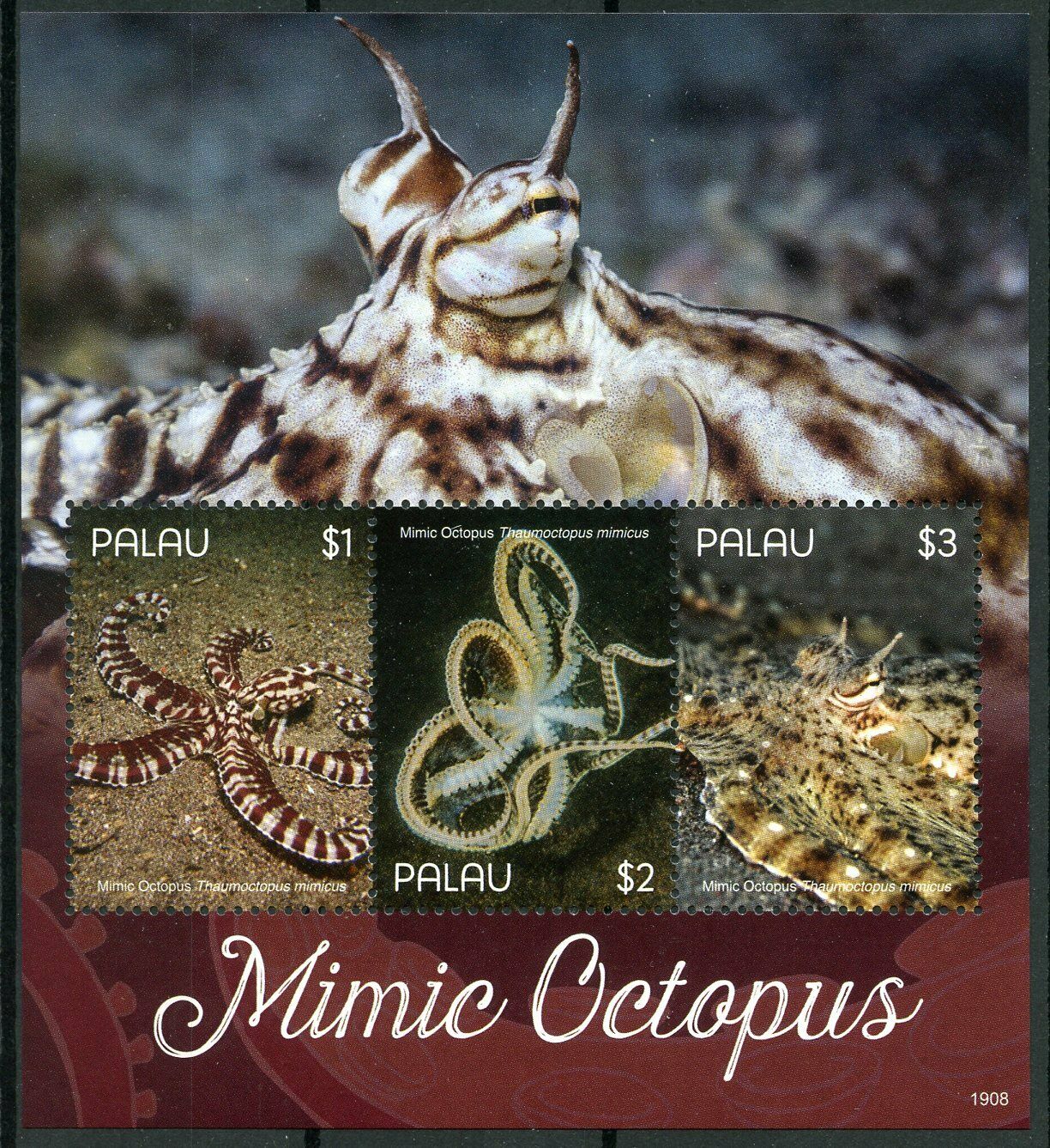 Palau 2019 MNH Marine Animals Stamps Mimic Octopus Molluscs 3v M/S II