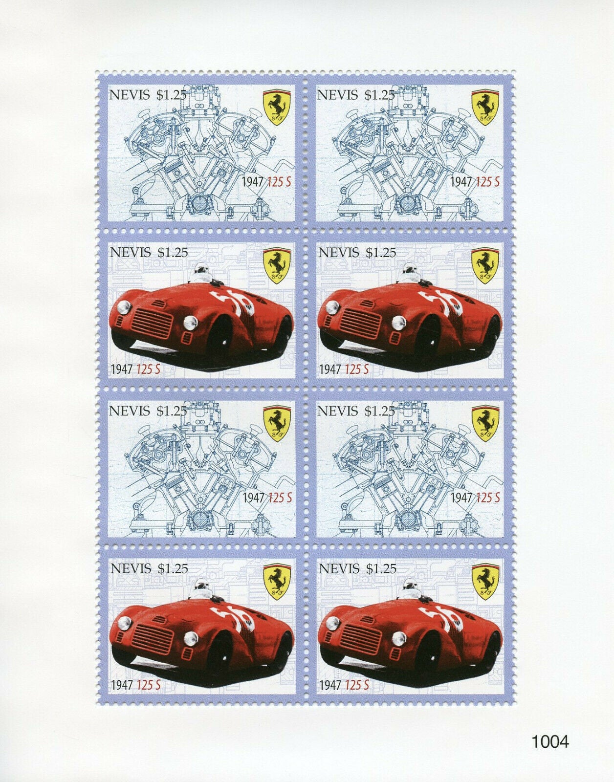 Nevis Cars Stamps 2010 MNH Ferrari 1947 125 S Auto Racing 8v M/S II