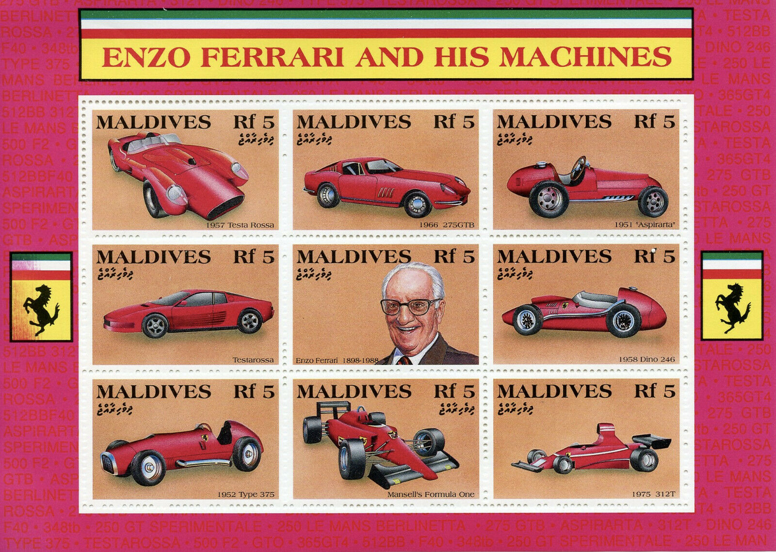 Maldives 1991 MNH Cars Stamps Enzo Ferrari & His Machines Testarossa 9v M/S