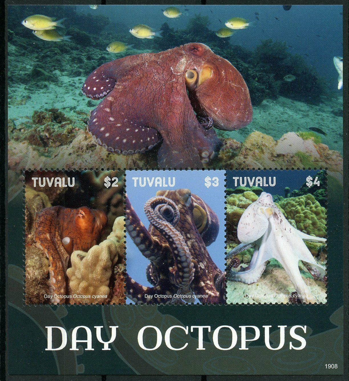 Tuvalu 2019 MNH Marine Animals Stamps Day Octopus Corals Molluscs 3v M/S I