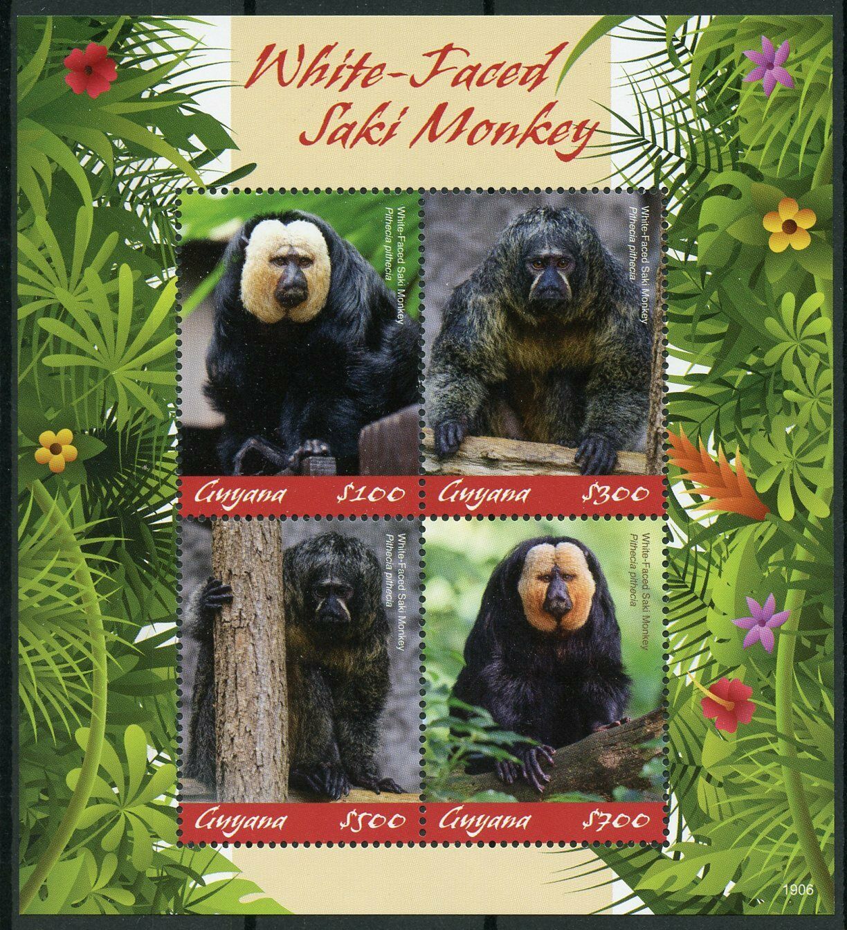 Guyana 2019 MNH White-Faced Saki Monkey 4v M/S Monkeys Wild Animals Stamps