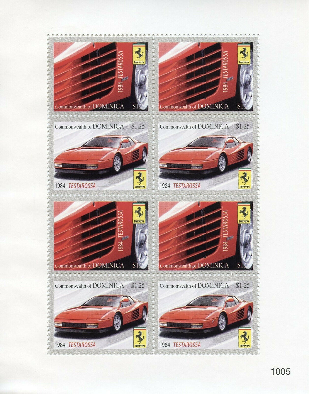 Dominica 2010 MNH Cars Stamps Ferrari 1984 Testarossa Auto Racing 8v M/S I