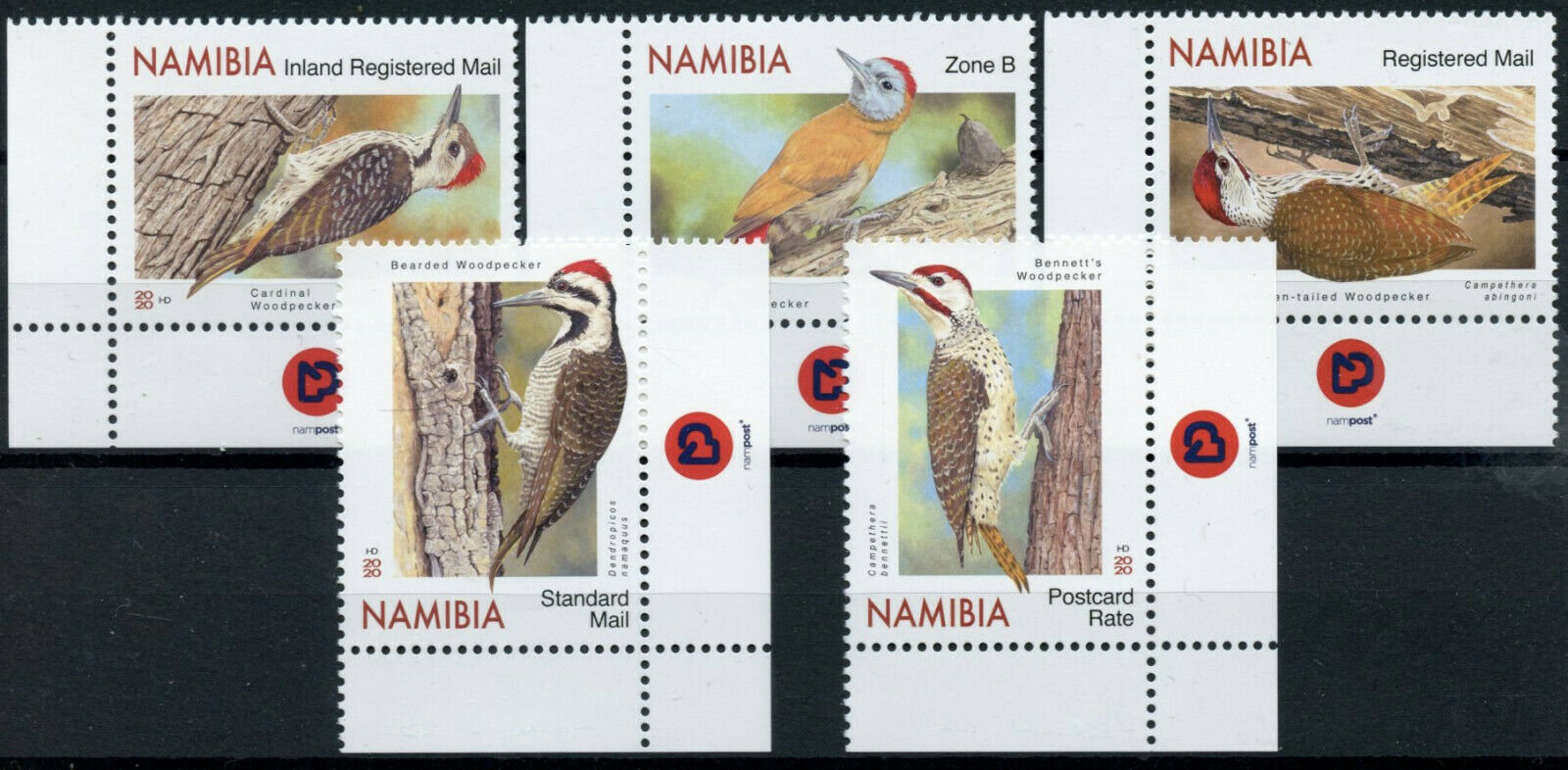 Namibia 2020 MNH Birds on Stamps Woodpeckers Cardinal Woodpecker 5v Set B