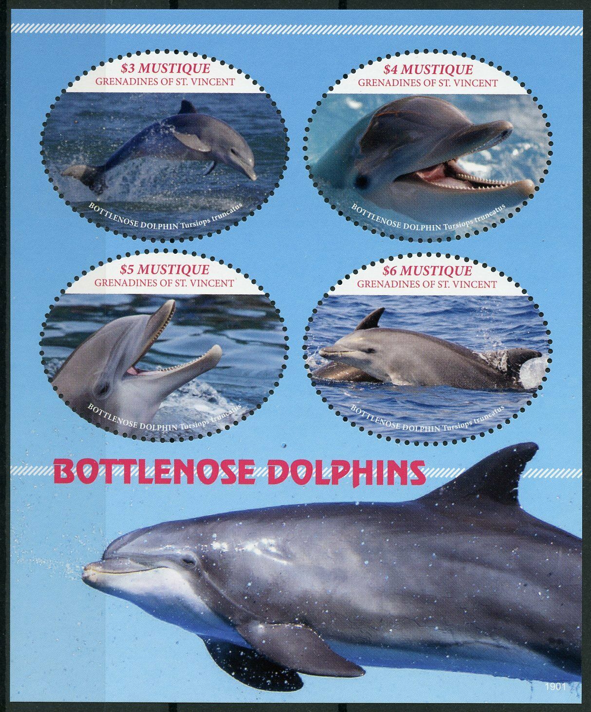 Mustique Grenadines St Vincent 2019 MNNH Bottlenose Dolphins 4v M/S Stamps