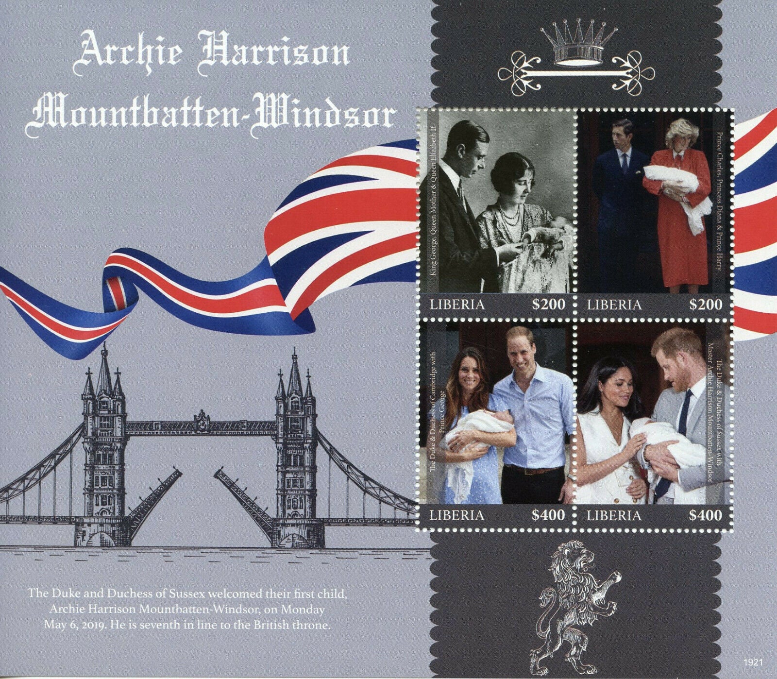 Liberia Royalty Stamps 2019 MNH Prince Archie Royal Baby Harry & Meghan 4v M/S