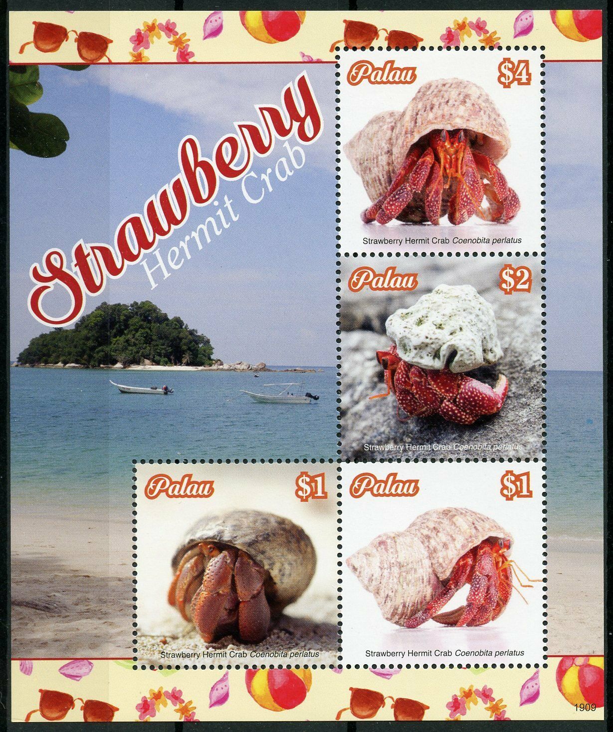 Palau 2019 MNH Marine Animals Stamps Strawberry Hermit Crab Crabs Crustaceans 4v M/S