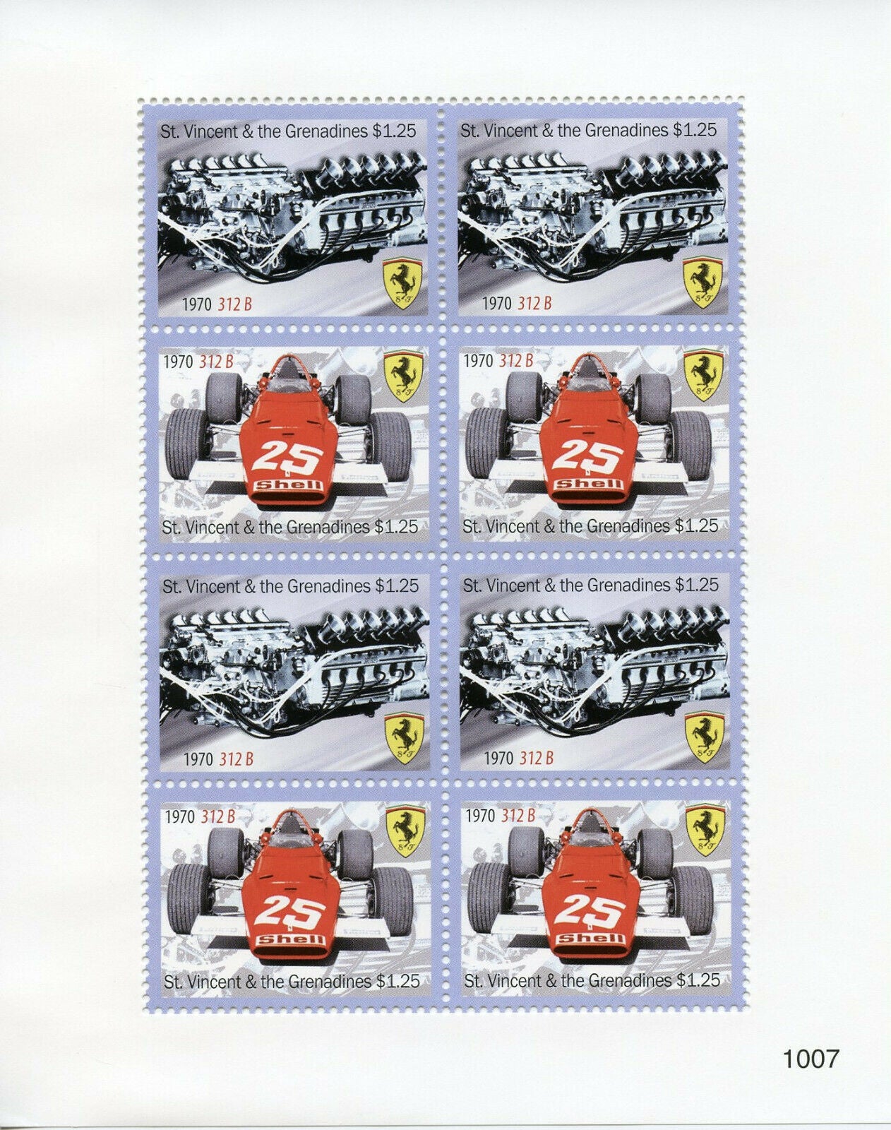 St Vincent & Grenadines Cars Stamps 2010 MNH Ferrari 1970 312 B Racing 8v M/S I