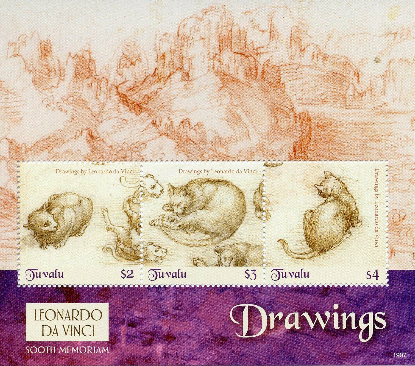 Tuvalu Art Stamps 2019 MNH Leonardo Da Vinci Drawings 500th Memorial 3v M/S II