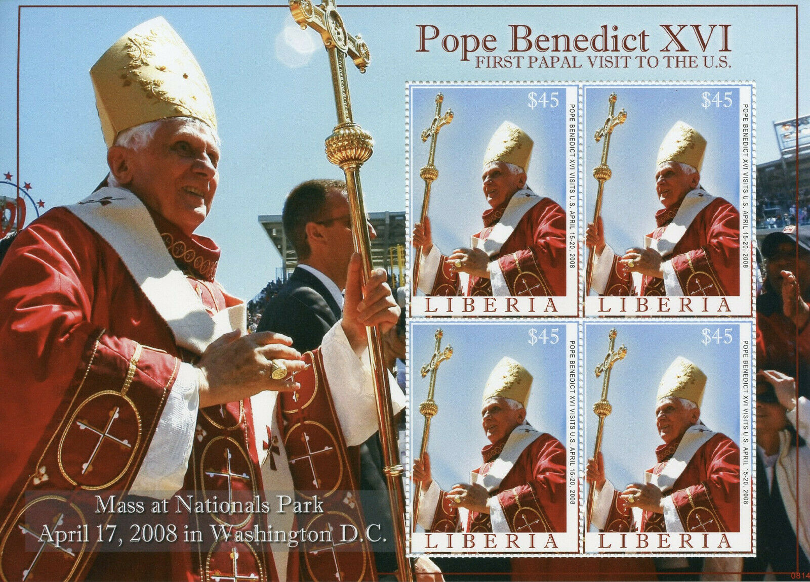 Liberia Pope Benedict XVI Stamps 2008 MNH First Papal Visit to US Popes 4v M/S