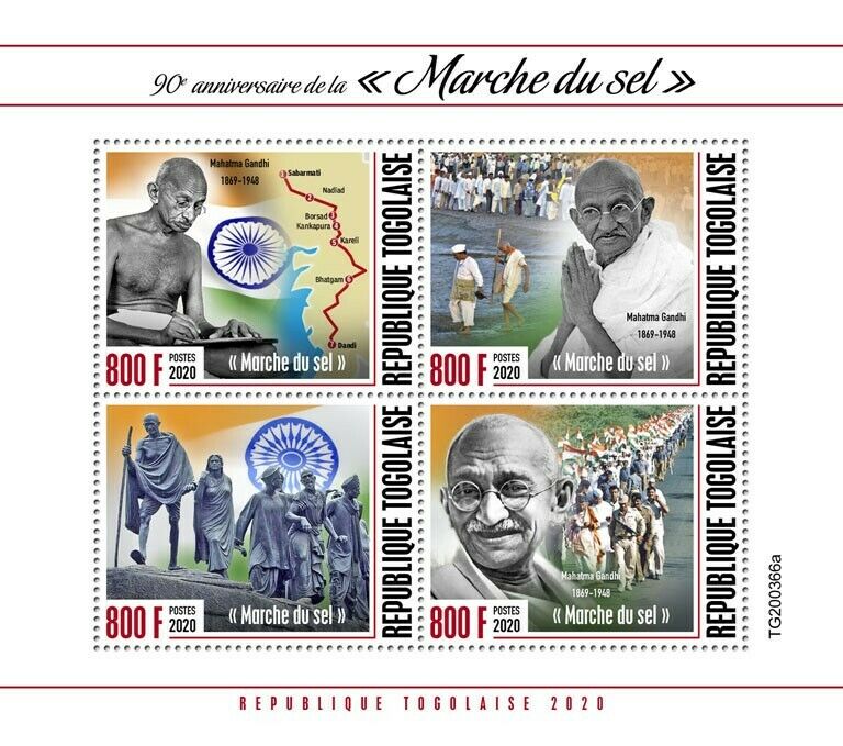 Togo Mahatma Gandhi Stamps 2020 MNH Salt March Historical Figures People 4v M/S