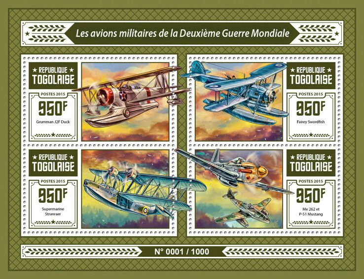 Togo Military Aviation Stamps 2015 MNH WWII WW2 Aircraft Mustang Grumman 4v M/S