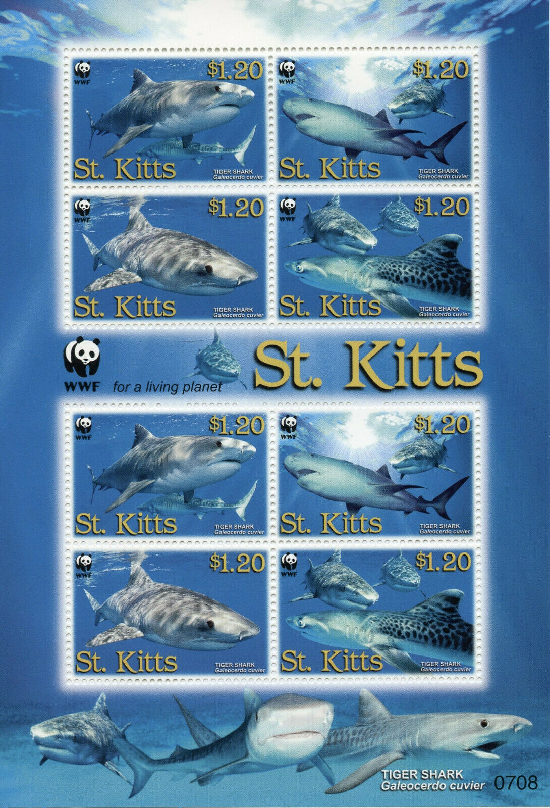 St Kitts 2007 MNH Sharks Stamps WWF Tiger Shark Marine Animals 8v M/S