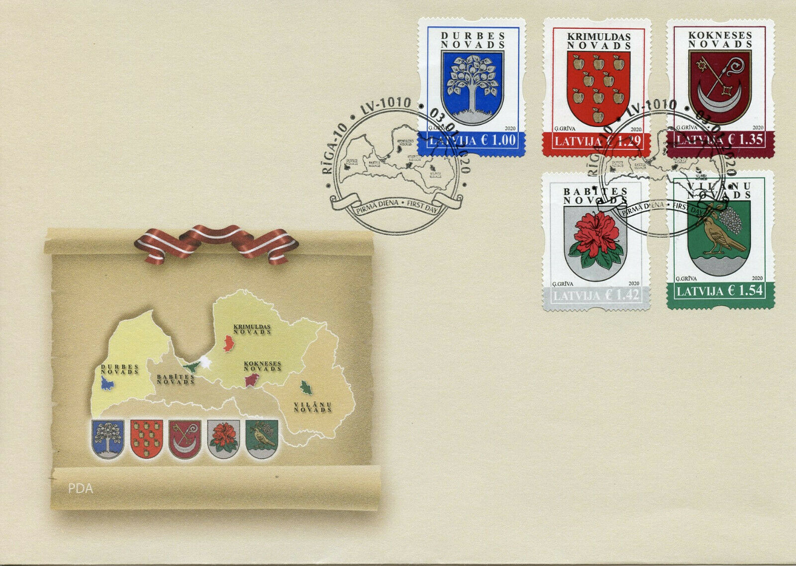 Latvia Stamps 2020 FDC Coat of Arms Regions & Cities Heraldry Emblems 5v S/A Set