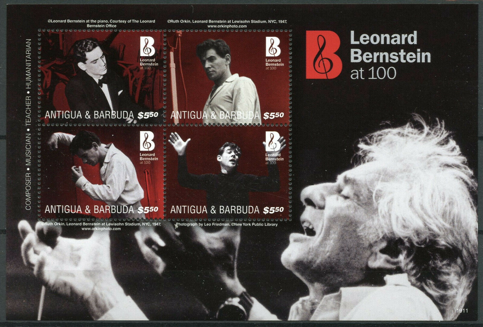 Antigua & Barbuda 2019 MNH Leonard Bernstein 100 4v M/S Composers Music Stamps