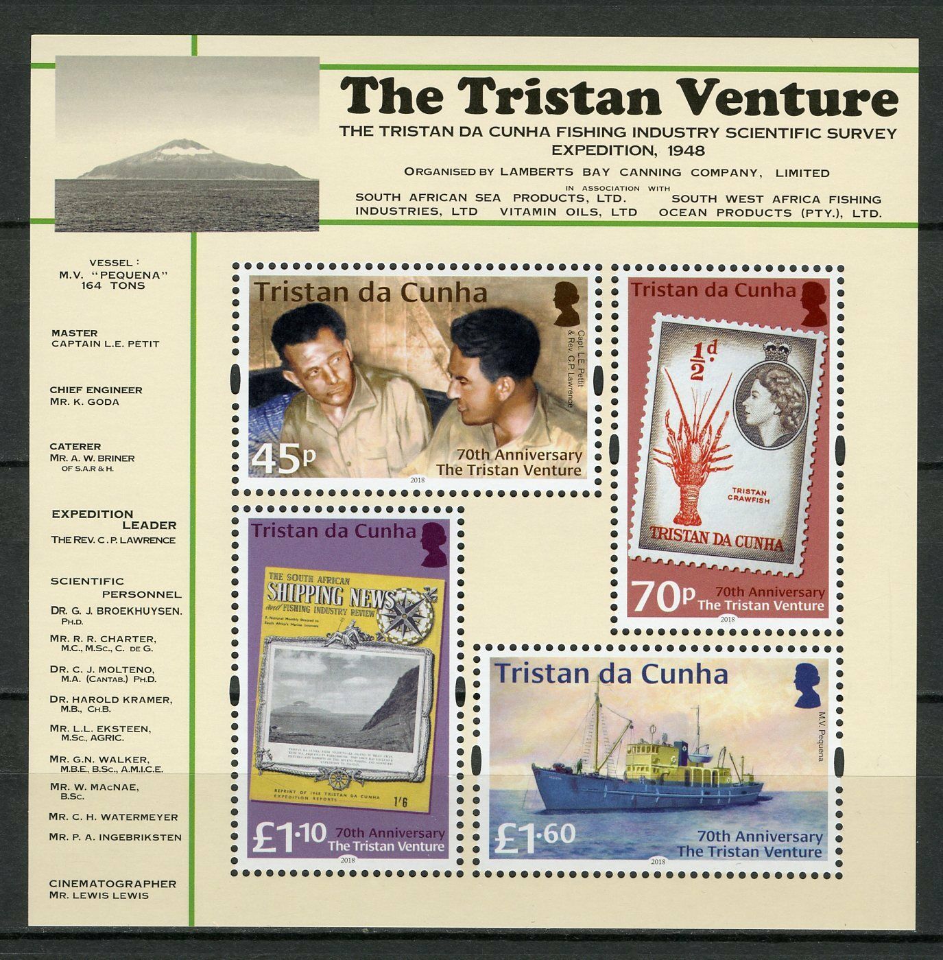 Tristan da Cunha 2018 MNH Ships Stamps Tristan Venture 70th Anniv Nautical 4v M/S