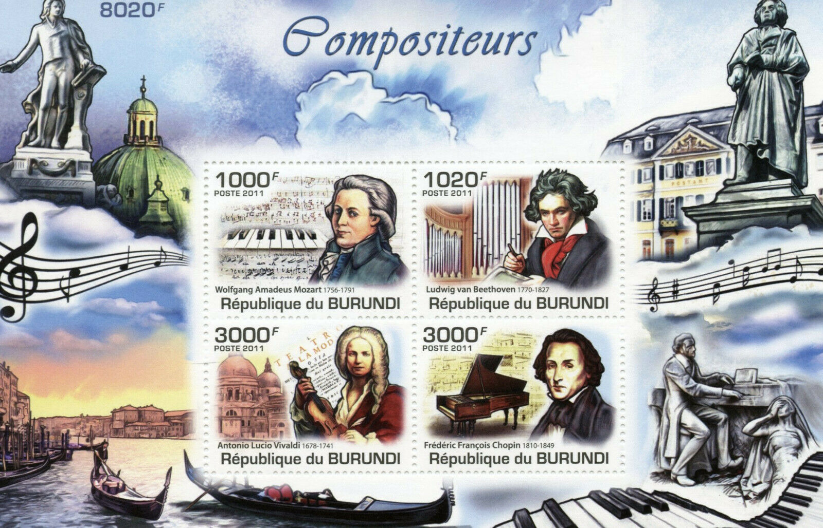 Burundi 2011 MNH Music Stamps Composers Mozart Beethoven Chopin Vivaldi 4v M/S